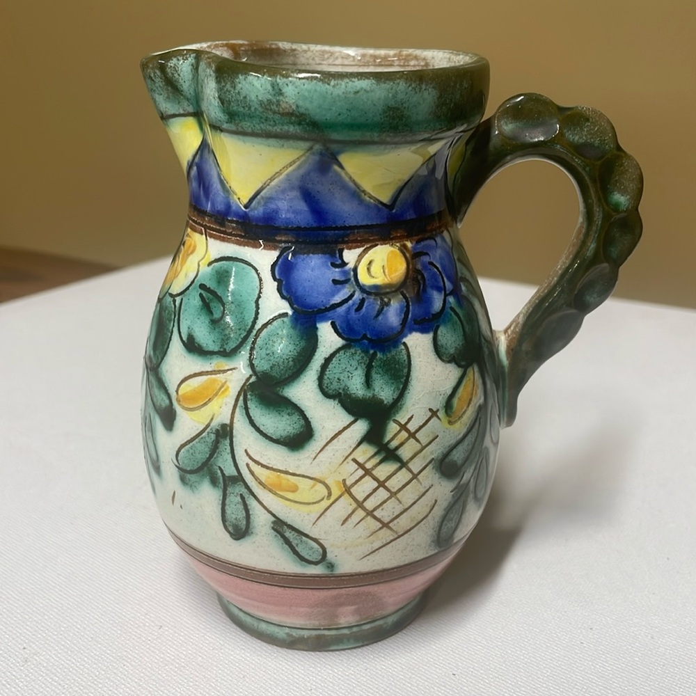 Italian Art Pottery Pitcher Handcarved Handpainted Flower Vase 5” tall